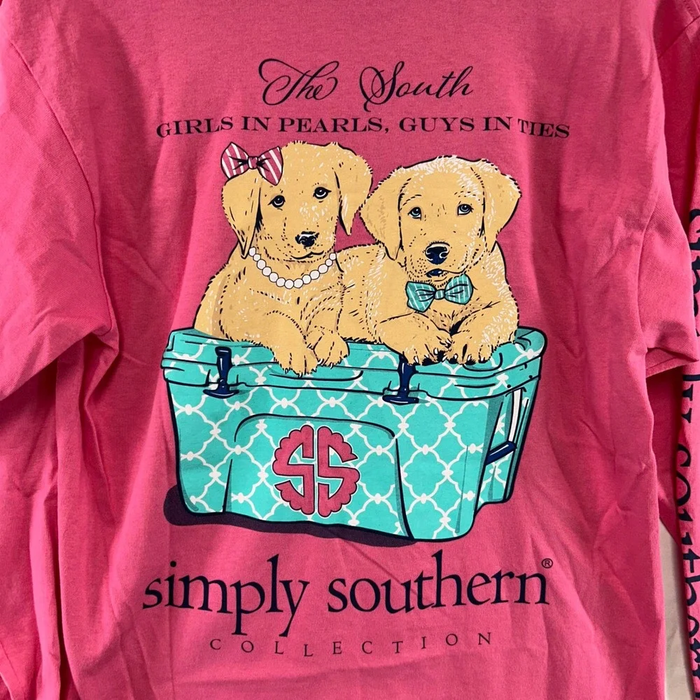 Simply Southern Long Sleeve T-Shirt Women Medium Pink Golden Retriever Puppy NWT